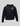 A black hoodie with a pink logo on the upper left front, featuring a kangaroo pocket and a drawstring.