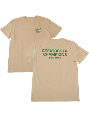 Front and back view of a beige t-shirt with the text 'CREATORS OF CHAMPIONS' on the back.