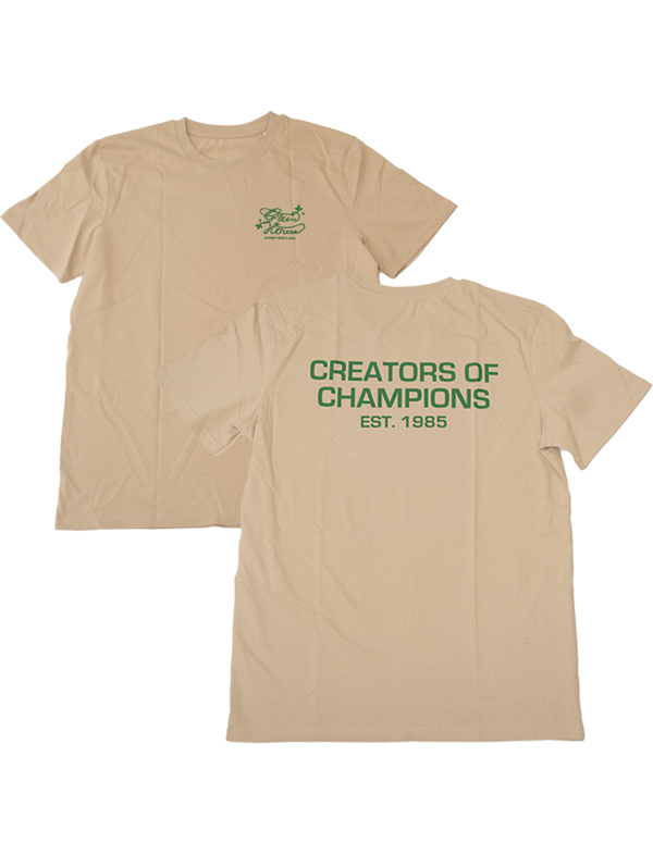 Front and back view of a beige t-shirt with the text 'CREATORS OF CHAMPIONS' on the back.