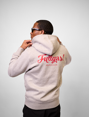 Person wearing a grey greenhouse hoodie with 'Fullgas!' branding on the back against a white background