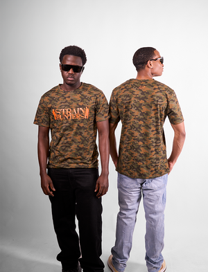 Person wearing a camouflage t-shirt with 'Strain Hunter' text, facing front and back.