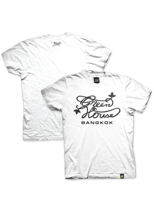 Two white t-shirts with 'Green House Bangkok' text and star graphics on the front. One shirt is displayed in front view, and the other in a side view showing the short sleeves and round neck.