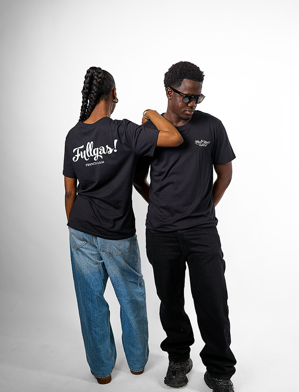 Two people wearing black FRANCO'S FULLGAS DUO BLACK T SHIRT t-shirts with 'Fullgas!' branding on a white background
