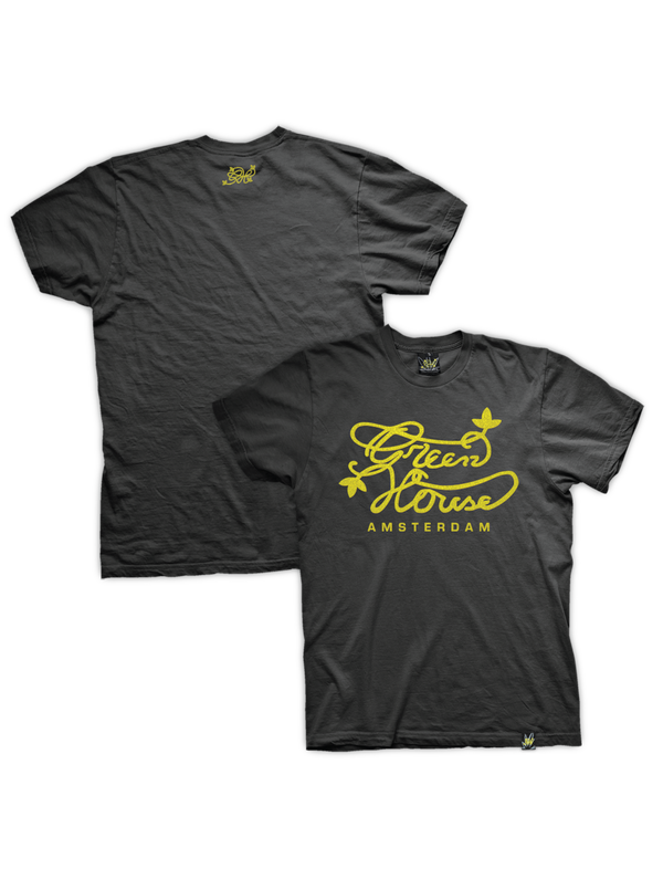 A black T-shirt for men displayed front and back, with the 'Green House Amsterdam' logo printed in yellow on the front.