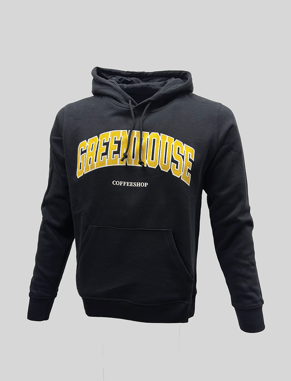 Black hoodie with 'GREENHOUSE COFFEE SHOP' text in yellow on the front.