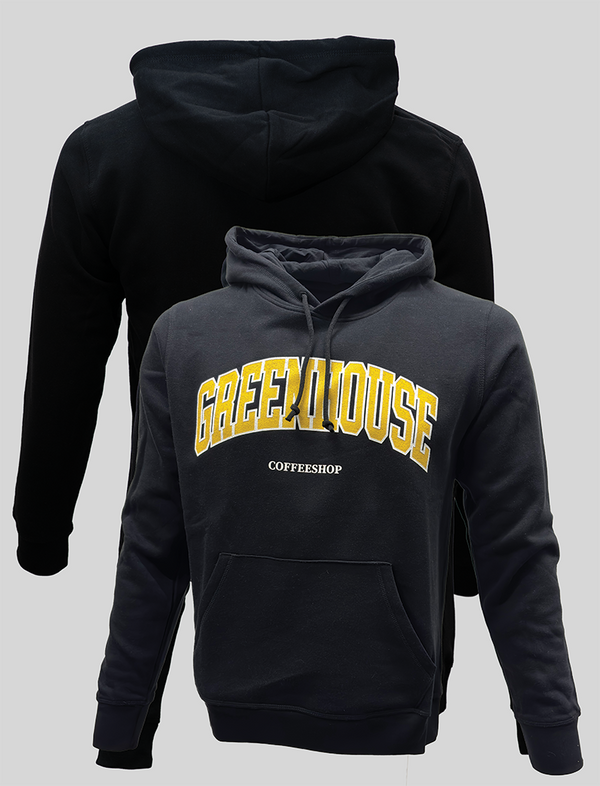 Black hoodie with 'GREENHOUSE COFFEE SHOP' text in yellow on the front, featuring a kangaroo pocket and long sleeves.