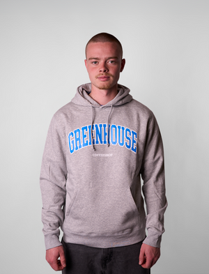 Person wearing a gray Green House University Hoodie Grey Coffeeshop with 'Greenhouse' printed on it against a plain background
