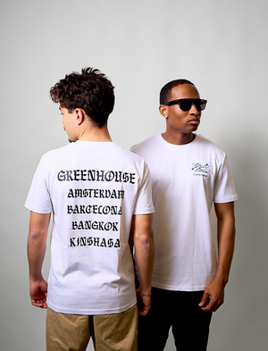 Two men wearing A Green House World Cities T-Shirt White