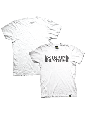Two white t-shirts with 'Strain Hunters' text printed in black, one displayed front-facing and the other back-facing.